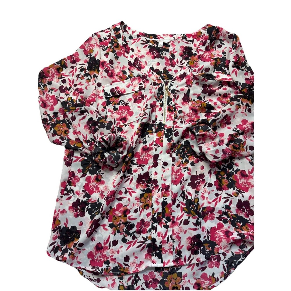 Candies Top Women’s large White Pink Blouse Floral Long Roll Tab Sleeve Pockets